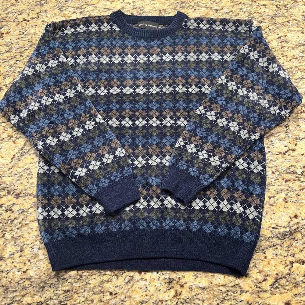 Croft & Barrow Mens XL Navy Blue Brown Geometric Argyle Knit Crewneck Sweater